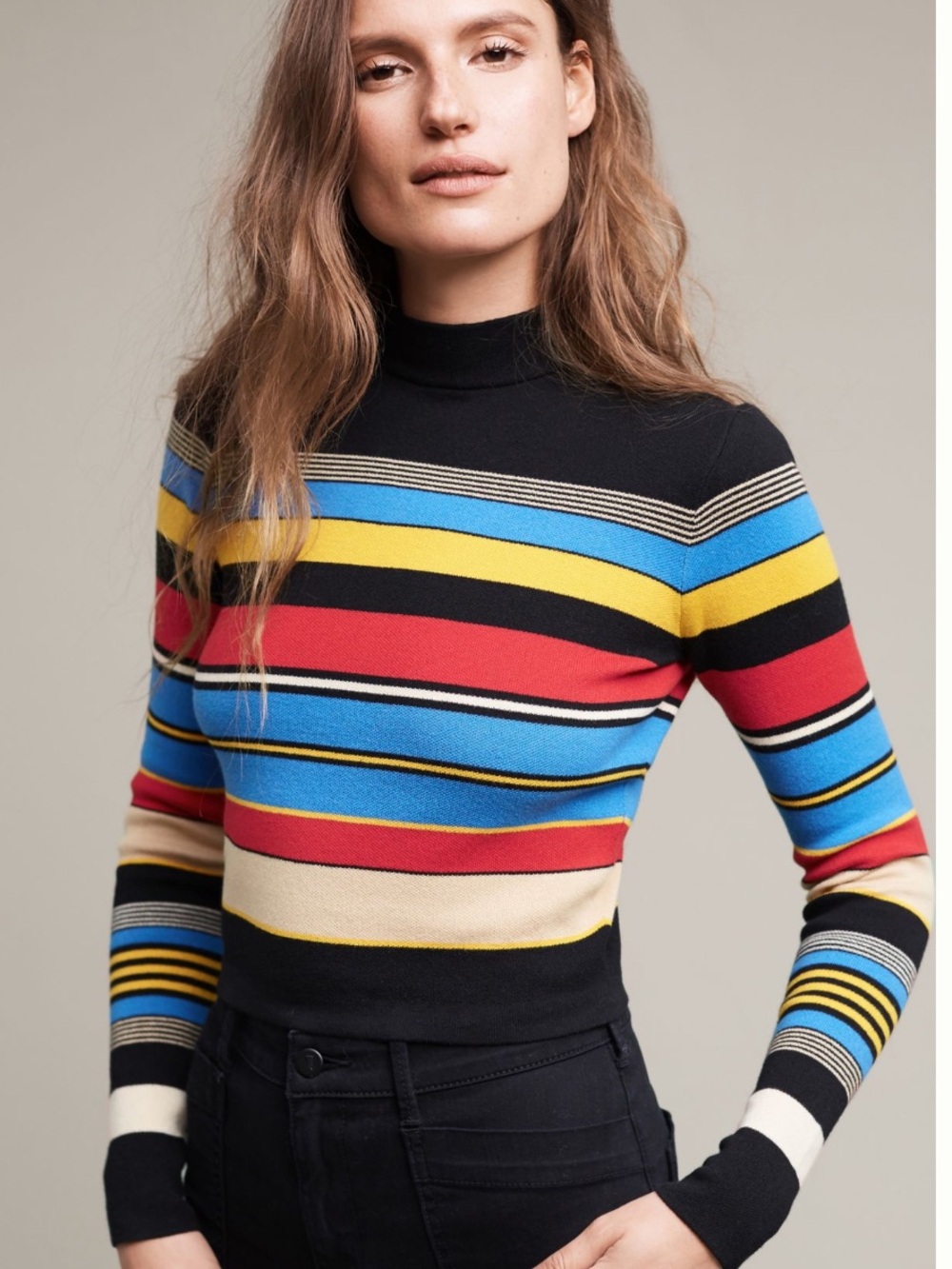 Tracy Reese Hanst Mockneck Sweater with Blue, Yellow, Red & Cream Stripes